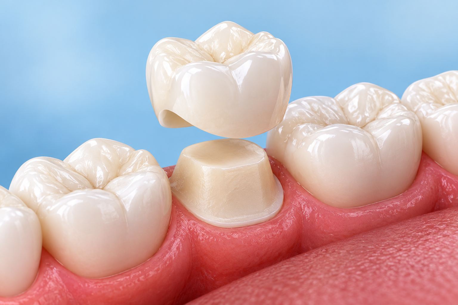 Ceramic dental crown floating above a prepared molar between neighbouring teeth