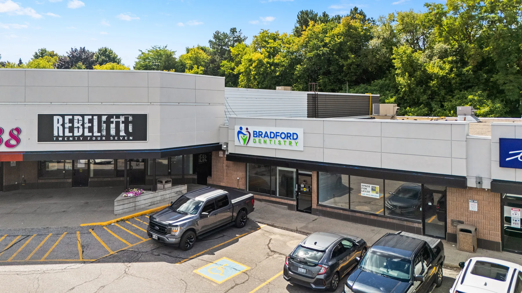 Aerial view of Bradford Dentistry and surrounding shops