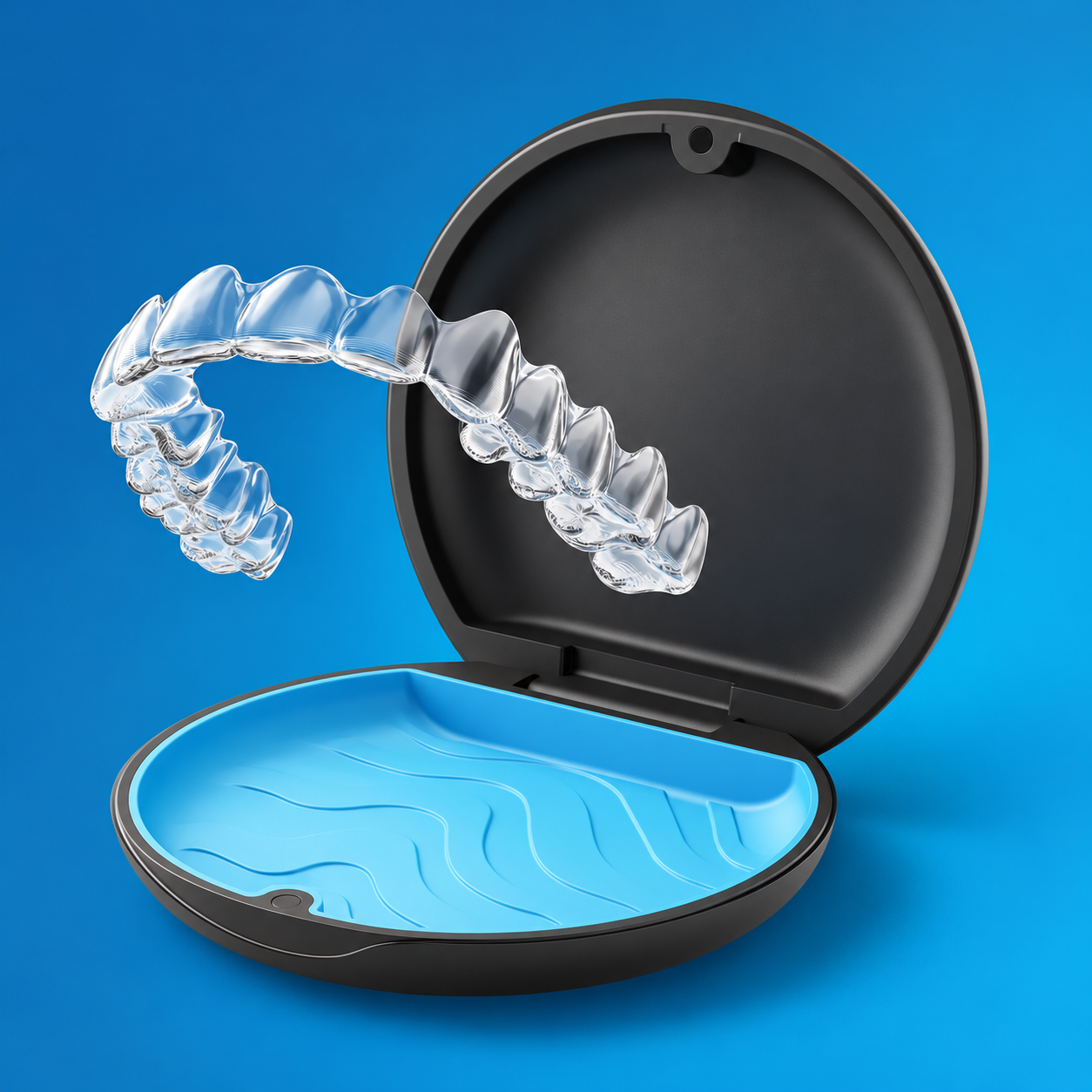 Clear Invisalign aligner floating above an open aligner case on a blue background
