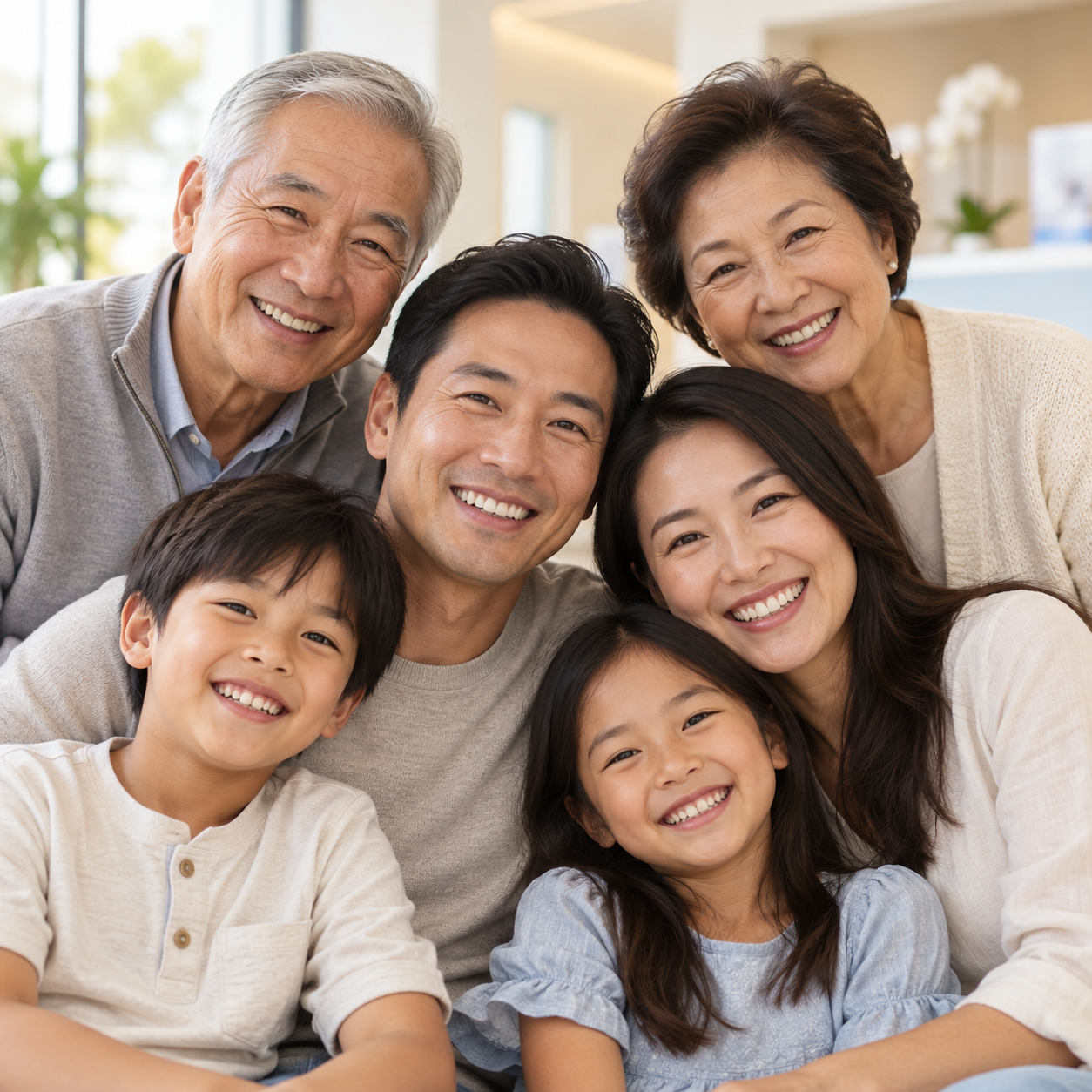 Warm multigenerational family portrait of three smiling generations