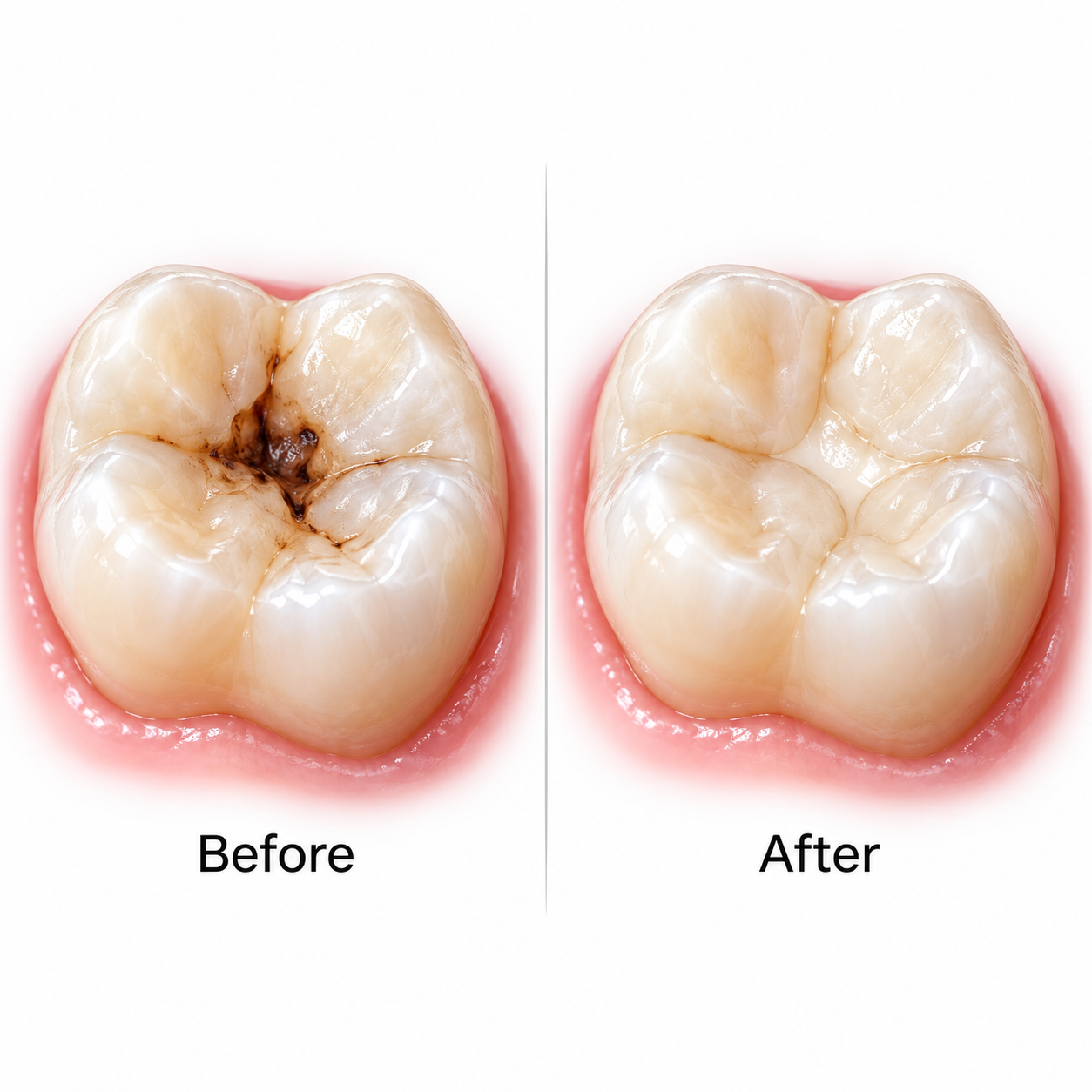 Before and after of a molar cavity restored with a tooth-coloured dental filling